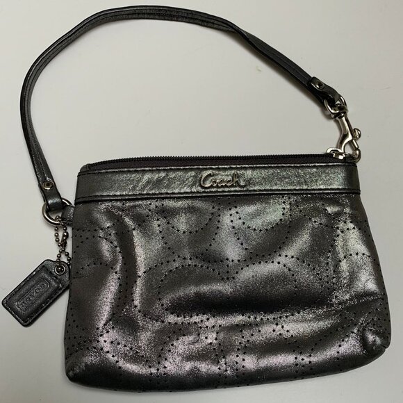 Vintage Coach Metallic Silver Perforated Logo Fabric Leather Trim Wristlet - Picture 1 of 5